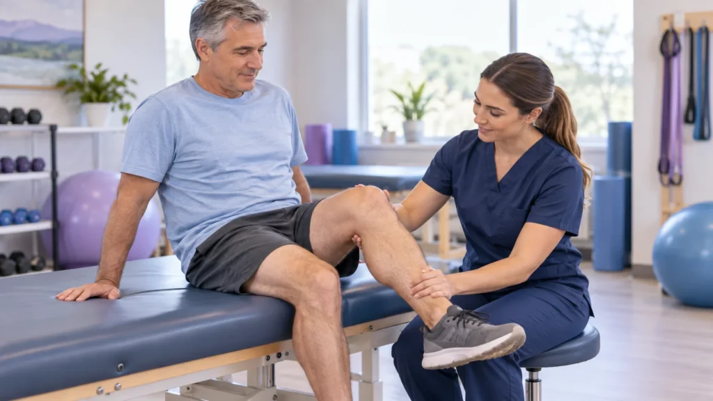 A physical therapist guiding a seated adult through a knee movement assessment