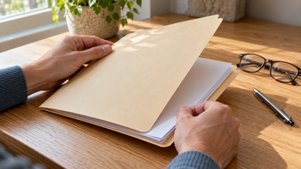 Hands opening a plain document folder beside reading glasses and a pen